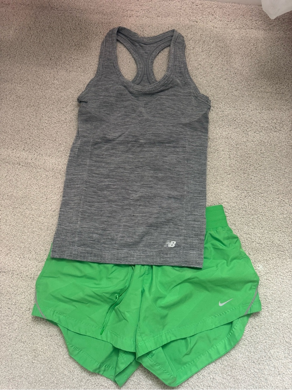 New Balance Gray Racerback Tank with Bright Green Athletic Shorts